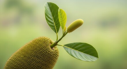 A close-up of a young jackfruit growing with its leaves in a tropical environment