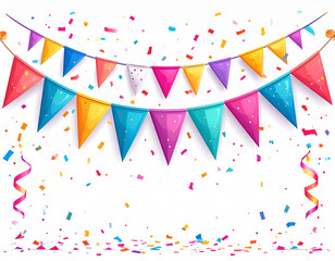 Colorful Birthday Banner with Party Flags and Confetti, Front View