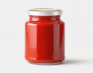 Jar of bright red tomato sauce in clear glass jar with metal lid on white background studio lighting minimal clean food packaging product photography isolated no label