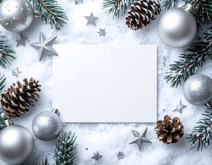 Festive Christmas and New Year holiday composition with silver ornaments pine cones and greenery on snowy background with blank card for seasonal greeting messages