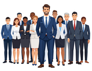 Fototapeta premium Confident Business Leader with Team Standing Behind, Front View, Vector Illustration 