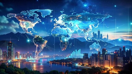 Futuristic cityscape with global data overlay for business networking and technology advancement, - Powered by Adobe