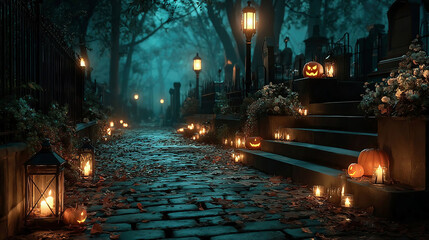 Obraz premium Jack O` Lanterns In Graveyard In The Spooky Night