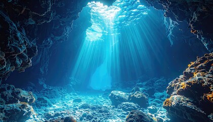 Sunbeams pierce a dark underwater cave, illuminating the rocky seabed and illuminating the entrance above