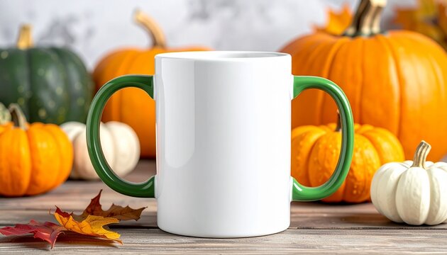 White ceramic mug with green handle surrounded by assorted pumpkins, dried leaves, star anise, and cozy beige knit fabric, set on a neutral surface to evoke a warm and festive autumn atmosphere.