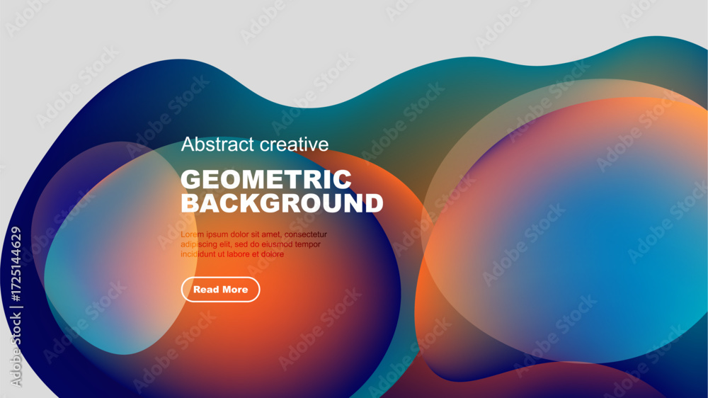 Poster modern abstract design features vibrant overlapping shapes, gradients. text promotes further explora