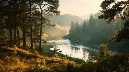 Early misty forest landscape soft golden sunlight filtering through trees distant hills calm flowing river pure natural scene no people