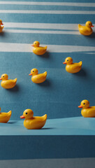 Playful Yellow Rubber Duck on Blue and White Striped Waves – Minimalist Whimsical Toy Design