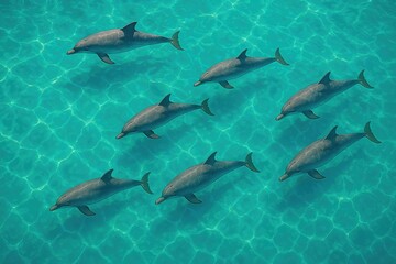 Aerial Pod of Dolphins in Turquoise Sea