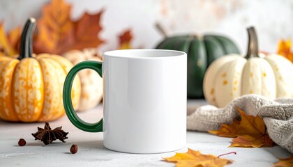 White ceramic mug with green handle surrounded by assorted pumpkins, dried leaves, star anise, and cozy beige knit fabric, set on a neutral surface to evoke a warm and festive autumn atmosphere.