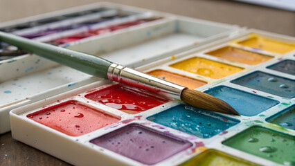 Colorful Watercolor Palette with Brush - Artistic Expression
