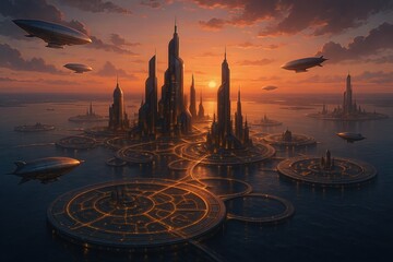 Futuristic Ocean City with Floating Platforms at Sunset