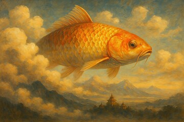 Golden Koi Floating Above Misty Mountain Valley