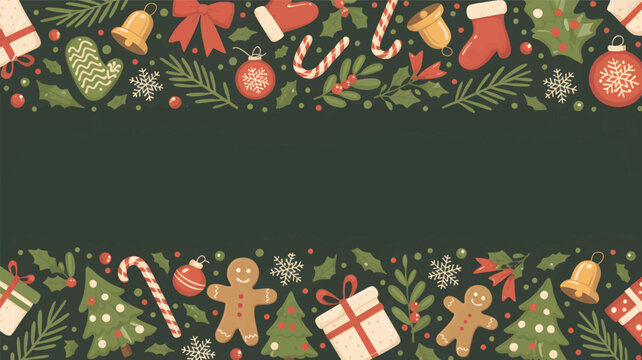 Festive christmas border with traditional holiday elements like gingerbread cookies and ornaments in a silhouette style