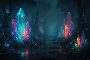 Enchanted Forest Path Lined with Luminous Crystals