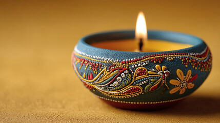 Warm decorative candle glows with intricate patterns casting a serene ambiance on a textured surface