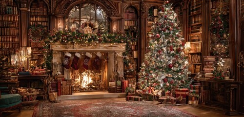 Obraz premium Cozy library decorated for Christmas with a glowing fireplace and festive tree