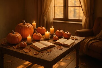 Cozy Autumn Reading Nook with Pumpkins and Candles