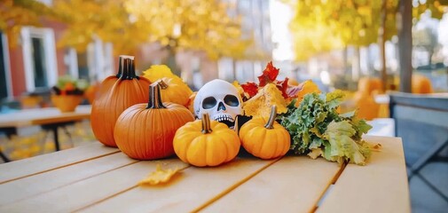 Autumn pumpkin display with skull and colorful leaves on outdoor table
