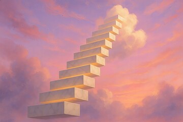 Surreal Stairway Ascending Into Pink Evening Clouds