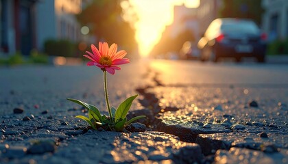 アスファルトに咲く花、希望の象徴、一輪の花と夕日、困難の中の美しさ、逆境に咲く花、夕焼けと生命力、街中の自然、生命の強さ、ひび割れた道と花、光に向かう花、静かな感動の風景、心に響く風景写真、再生と希望、雑草の力、ストリートと自然の対比
