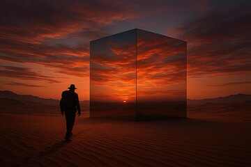 Mirrored Monolith Reflecting Desert Sunset Sky