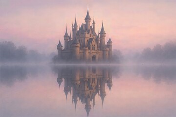 Fairytale Castle Reflected in Misty Pink Lake