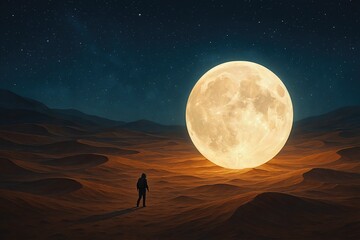 Lone Traveler Walking Toward Giant Moon in Desert