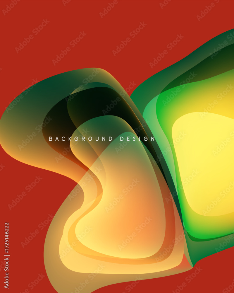 Poster abstract fluid shapes overlap, creating vibrant color gradients. red background emphasizes flowing f