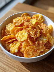 Bowl of crispy cornflakes in sunlight on a wooden table.