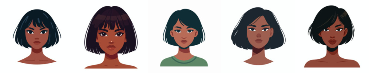 Vector Avatar of a woman's face with asymmetrical bob hair, dark skin, confident expression