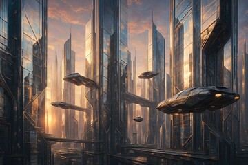 Futuristic Cityscape With Flying Cars at Dusk