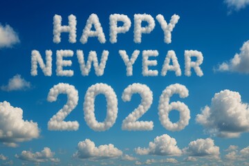 Happy New Year 2026 is written in clouds across bright blue sky, marking festive spirit of Christmas Eve. message captures excitement of holiday. puffy white clouds against sky. christmas background