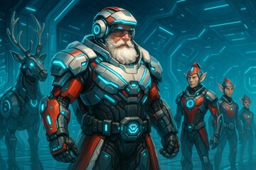 futuristic Santa Claus and assistants wearing high-tech suit, in modern, sci-fi style. robotic Santa Claus, in futuristic suit, new-age Christmas. futuristic holiday vibe. New Year's fiction animation