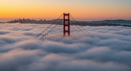 Golden gate bridge emerging from a sea of clouds at sunrise