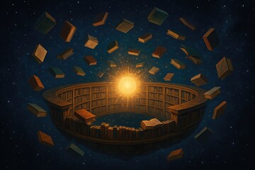 Circular Library With Floating Books and Light