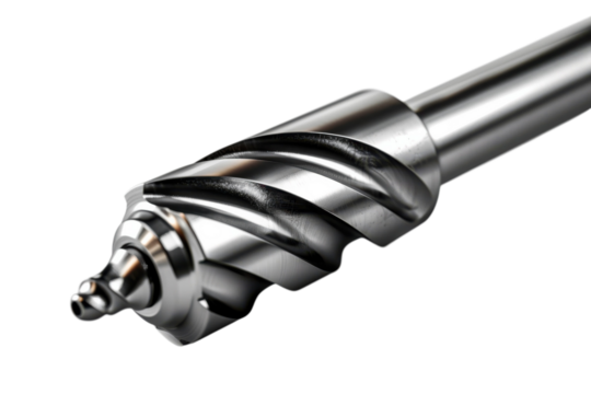 Detailed closeup of a silver auger bit against a black background. Highlighting its sharp cutting edge and spiral design for woodworking precision.