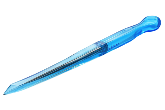 An angled closeup shows a translucent light blue craft knife, the sharp point is clear. Isolated on black, the clean design is suitable for hobby needs.