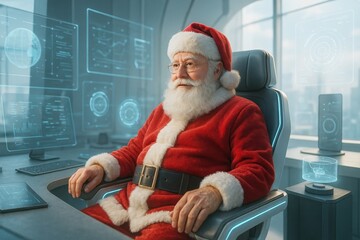 Santa Claus sits at his desk, surrounded by floating digital displays. glowing blue interfaces and shimmering data projections. Modern Santa operates in high-tech mission control-style office