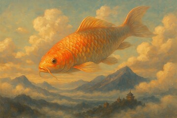 Surreal Golden Koi Floating Above Mountains
