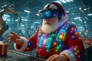 Santa Claus wearing LED cyber suit and VR headset glows in futuristic holiday setting. Futuristic Santa in neon light costume explores virtual reality world. Christmas technology in high-tech concept