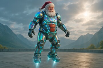 Santa in an exoskeleton got ready to fly. Futuristic armored Santa Claus stands tall against mountains. with robotic suit details. Santa in robotic exosuit becomes a superhero of future.