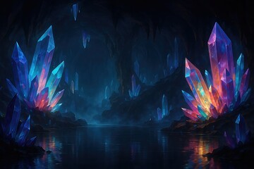 Luminous Crystal Cavern with Reflective Underground Lake
