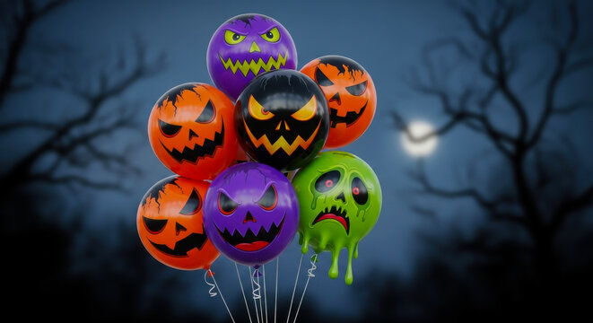Spooky halloween balloons with scary faces floating in a dark forest under the moonlight