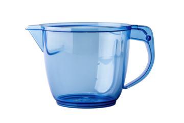 A transparent light blue pitcher with a handle and measuring marks set against a dark background, ideal for kitchen use.