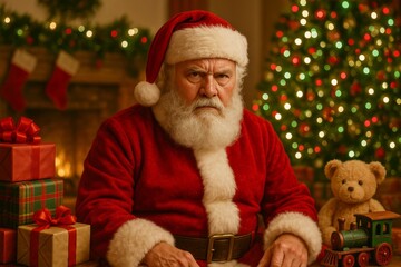 Serious Santa Claus points with his index finger and shakes his fist. Annoyed Santa is in a bad mood. concept of stress for Christmas and New Year. in festive atmosphere
