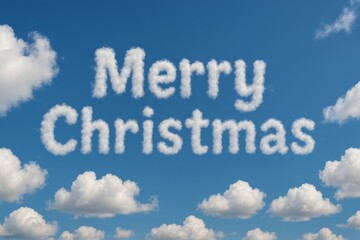 Skywriting letters spell Merry Christmas in clouds on blue sky. Holiday greeting appears natural and festive. New Year's background. Cloud letters forming Merry Christmas create joyful scene.