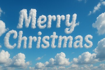 Merry Christmas message shaped like cloud letters floating in clear blue sky. Merry Christmas greeting written in white fluffy cloud letters on bright blue sky background. New Year backdrop Christmas