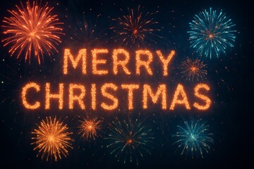Merry Christmas glowing text created from golden light sparks, colorful fireworks on dark night background. Festive New Year greeting. fireworks in sky on background of inscription merry Christmas