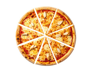 A whole pizza, sliced into eight, with melted cheese and toppings